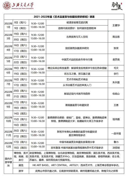 上海交通大学艺术品鉴赏与收藏投资研修班课程简章