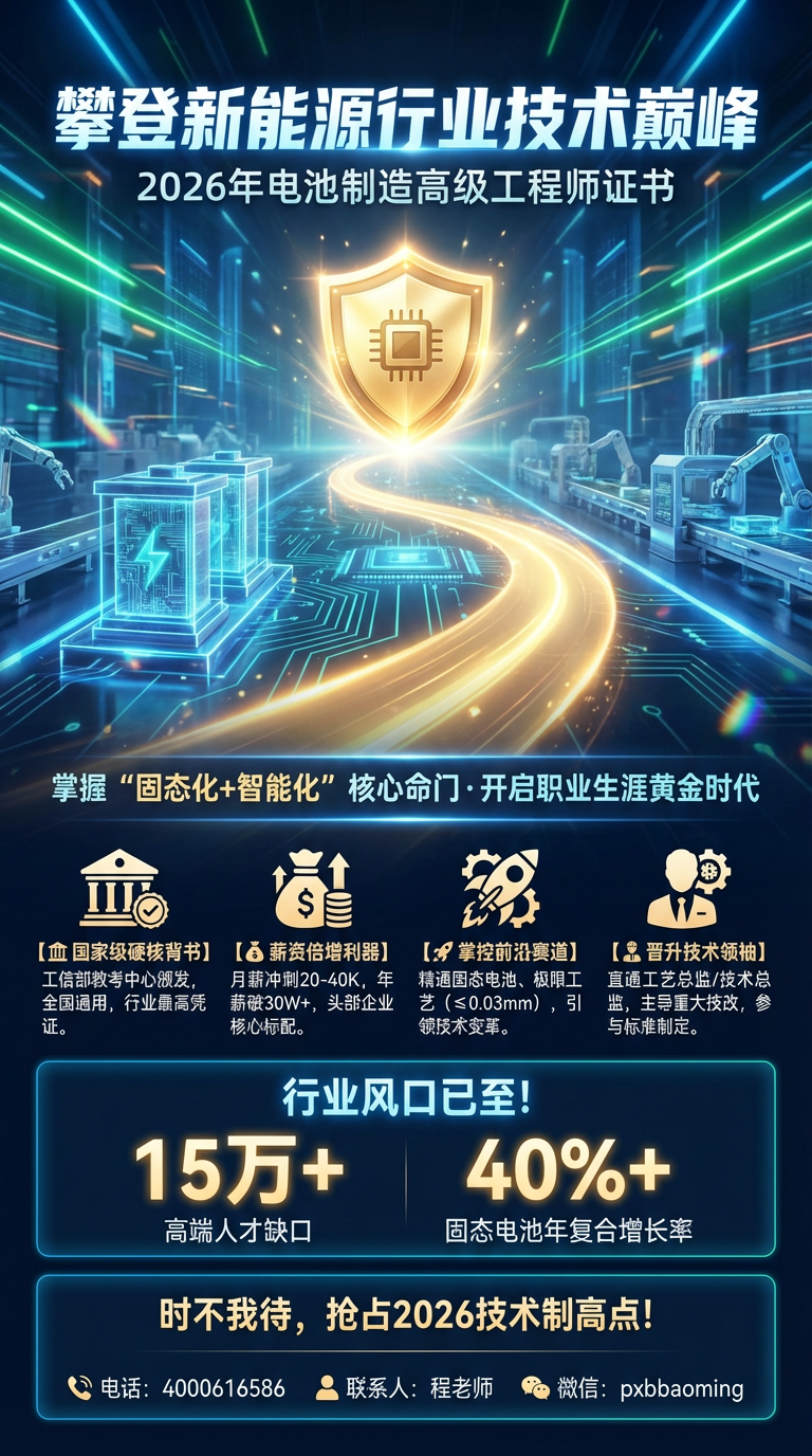 2026年电池制造高级工程师证书介绍:攀登新能源行业的技术巅峰