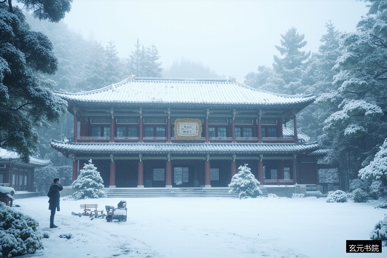 山间书院雪景松林 山间书院雪景松林